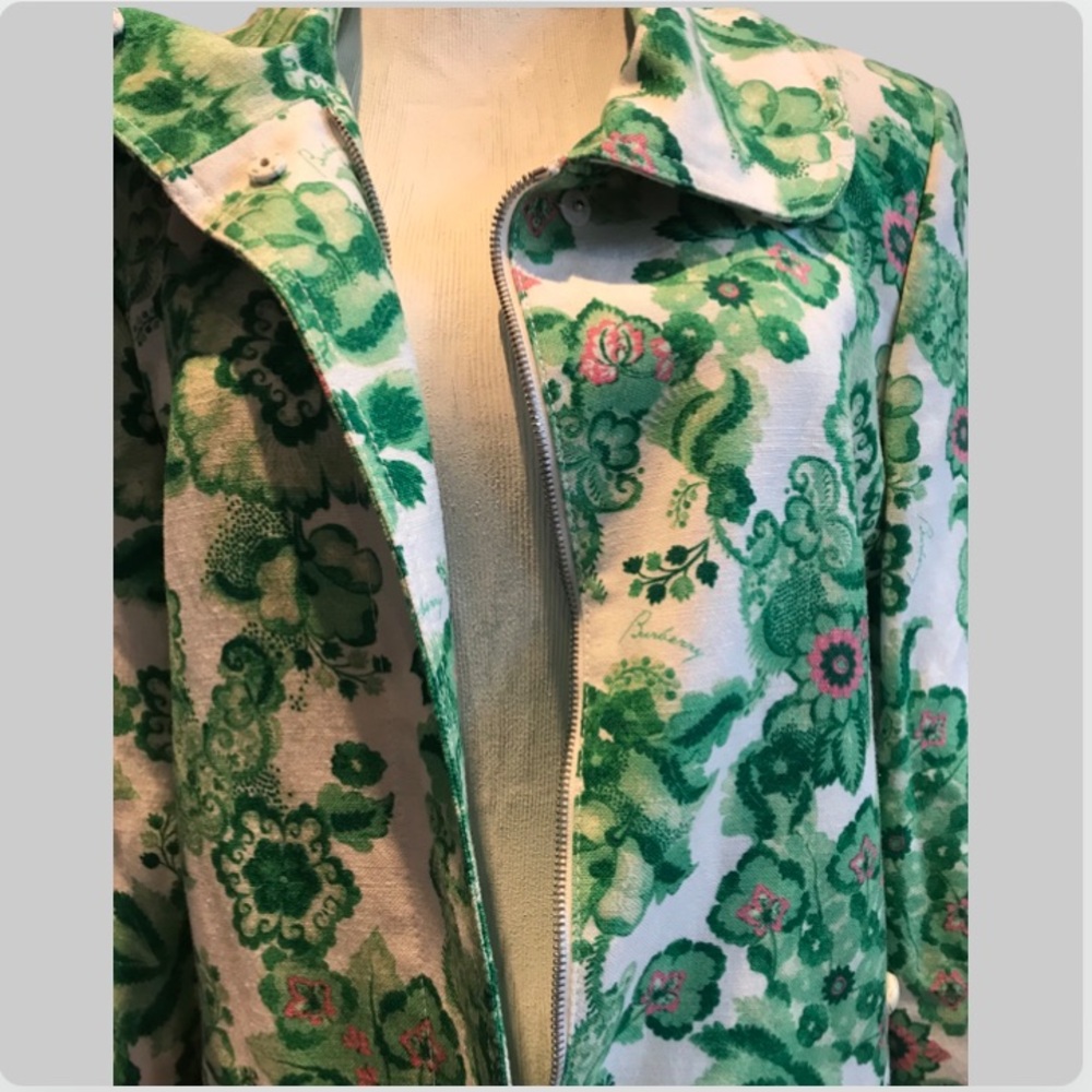 BURBERRY LONDON Women 10 green flower design zipper front jacket - Picture 10 of 15